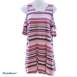 Elle Pink Striped Cold Shoulder Short Sleeve Top M